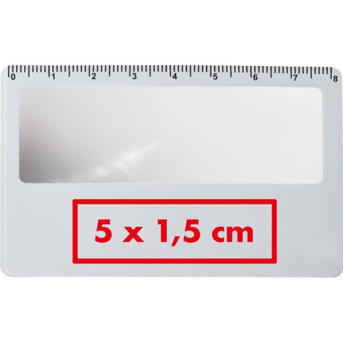 Vit förstoringsglas i plastkortformat med linjal.