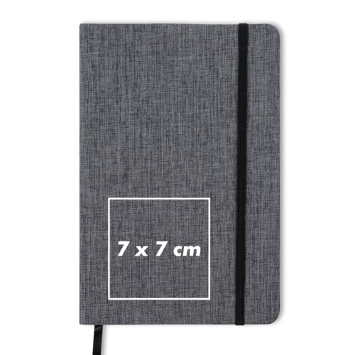 Grå anteckningsbok med elastisk bandförslutning och bokmärkesband.