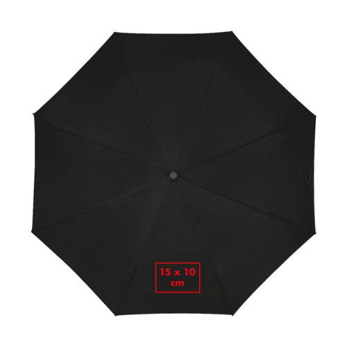 Svart paraply med handtag och öppningsmekanism.