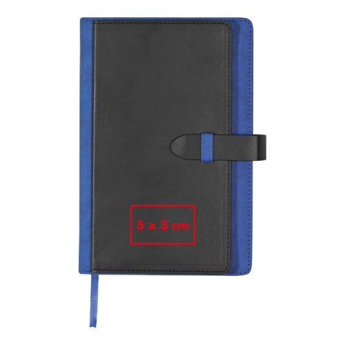 Anteckningsbok med stängningsband och bokmärke.