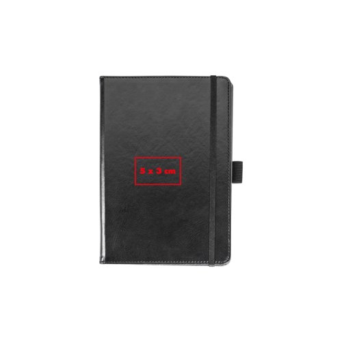 Svart anteckningsbok med elastisk bandförslutning.