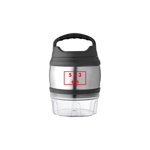 Silverfärgad metall- och plastbehållare med lock och handtag.