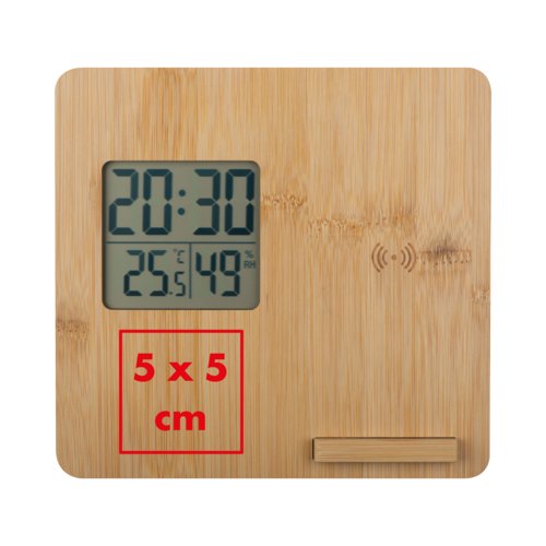 Ljus trä väderstation med digital display.