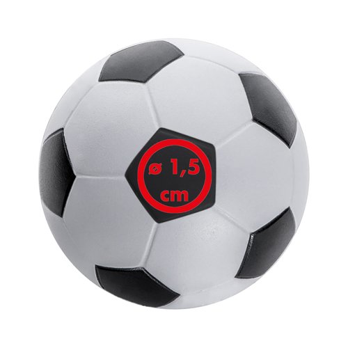 Vit anti-stressboll i skum med fotbollsdesign.