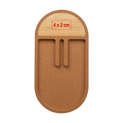 Skrivbordsorganisatör i kork och bambu med förvaringsfack.